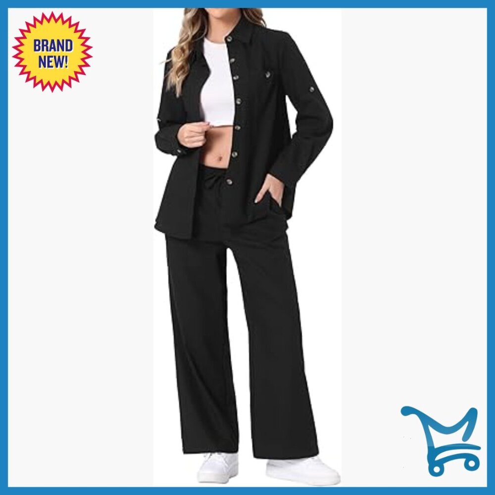 Linen Pant Set 2-Piece Lounge Outfit Button Down Shirt Wide Leg Pants